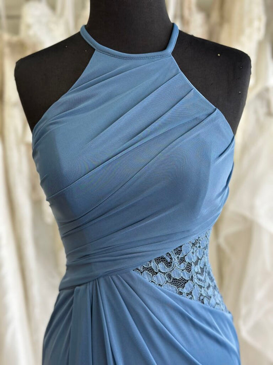 David's Bridal Blue High Neck Lace Side Detail Long Formal Dress 0