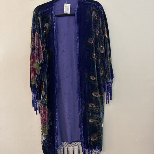 Deep Purple Mucha Peacock Vintage Style Velvet Beaded Bohemian Duster One Size