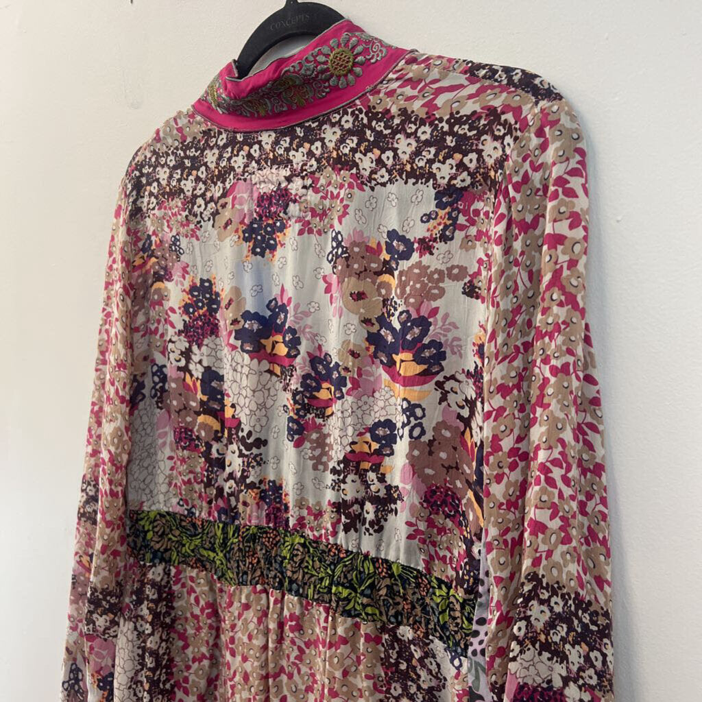 Johnny Was Pink/ Multi Flower Print Long Sleeve Bethan Blouse Top Medium
