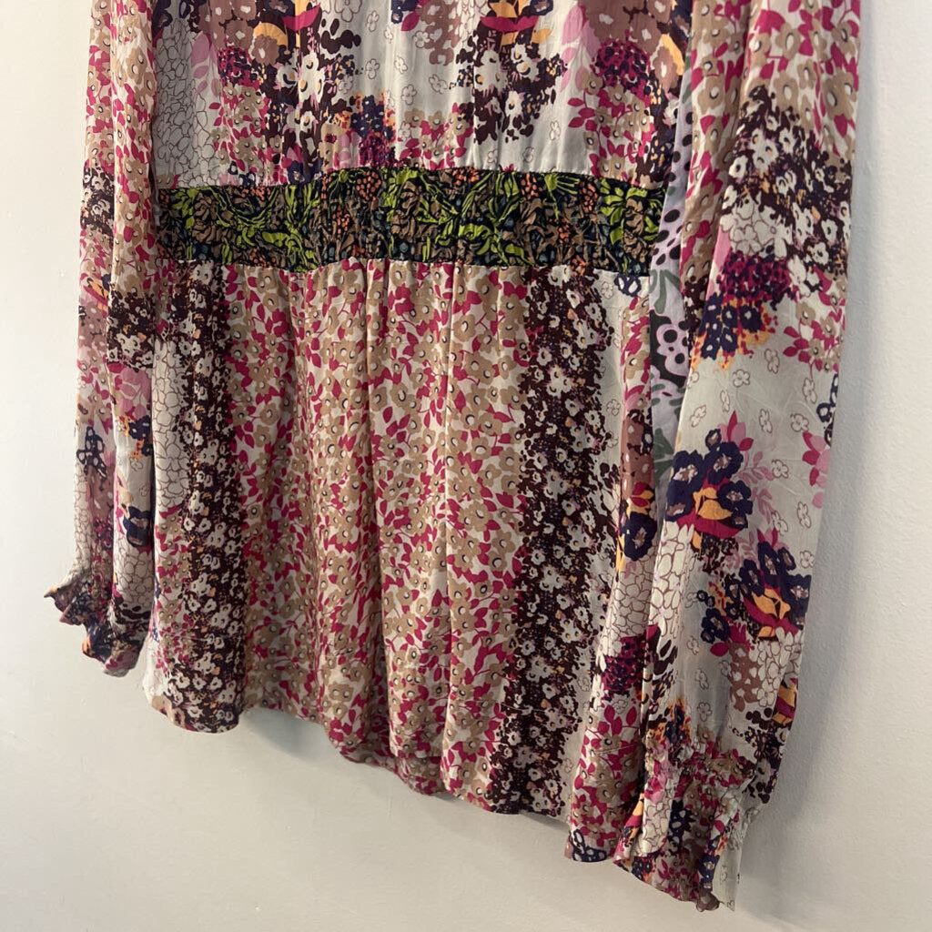 Johnny Was Pink/ Multi Flower Print Long Sleeve Bethan Blouse Top Medium