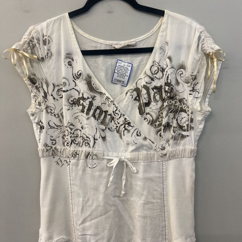 Elisa Cavaletti White/ Green Print Short Sleeve Dress Medium