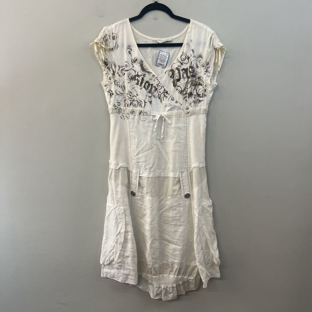 Elisa Cavaletti White/ Green Print Short Sleeve Dress Medium