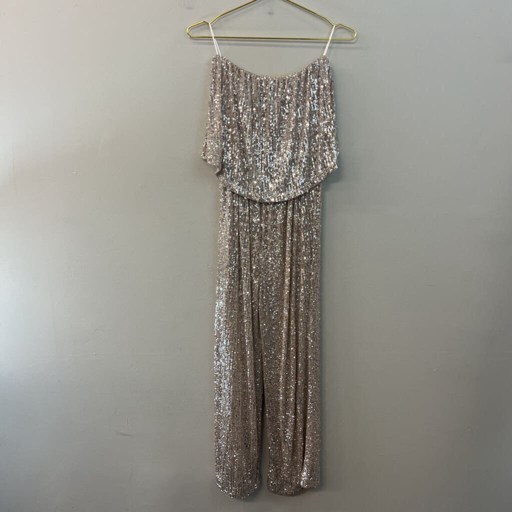 Altar'd State Beige/ Silver Sequin Strapless Jumpsuit Small