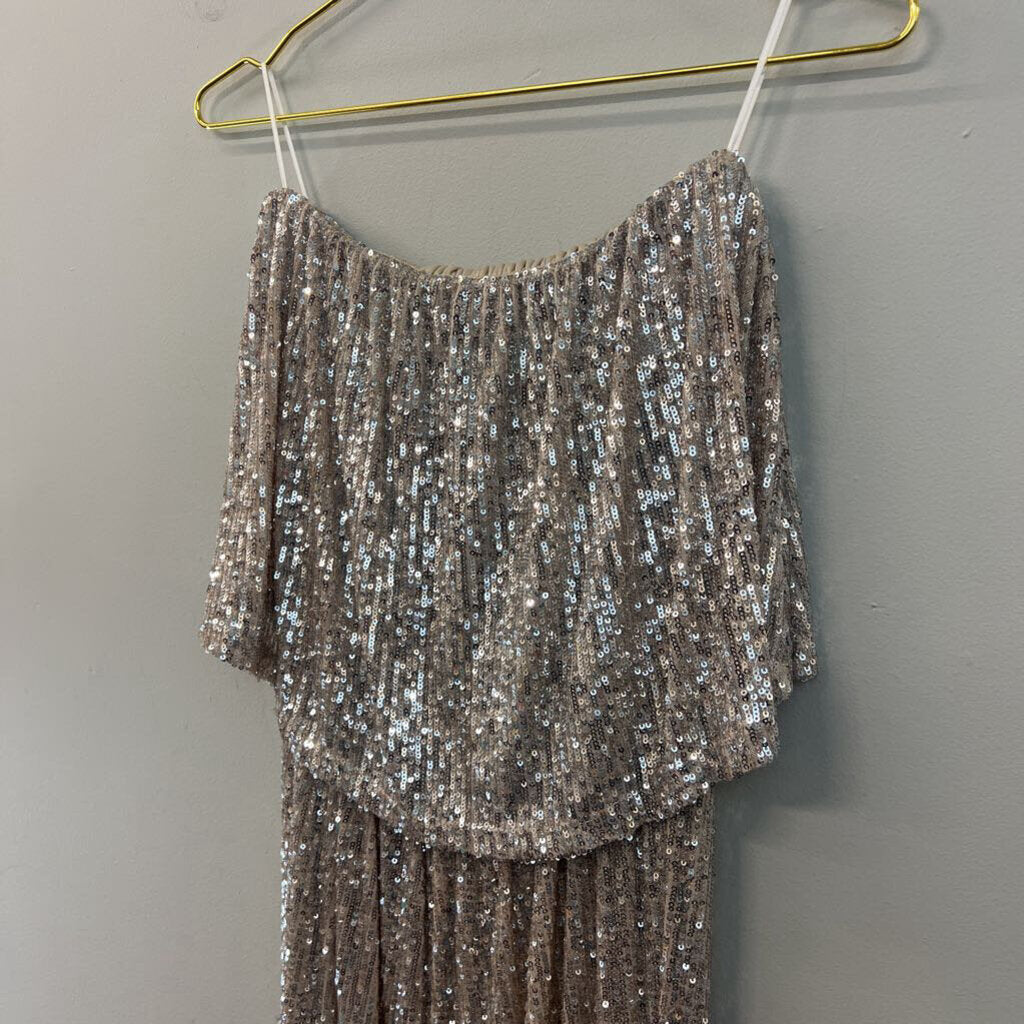 Altar'd State Beige/ Silver Sequin Strapless Jumpsuit Small
