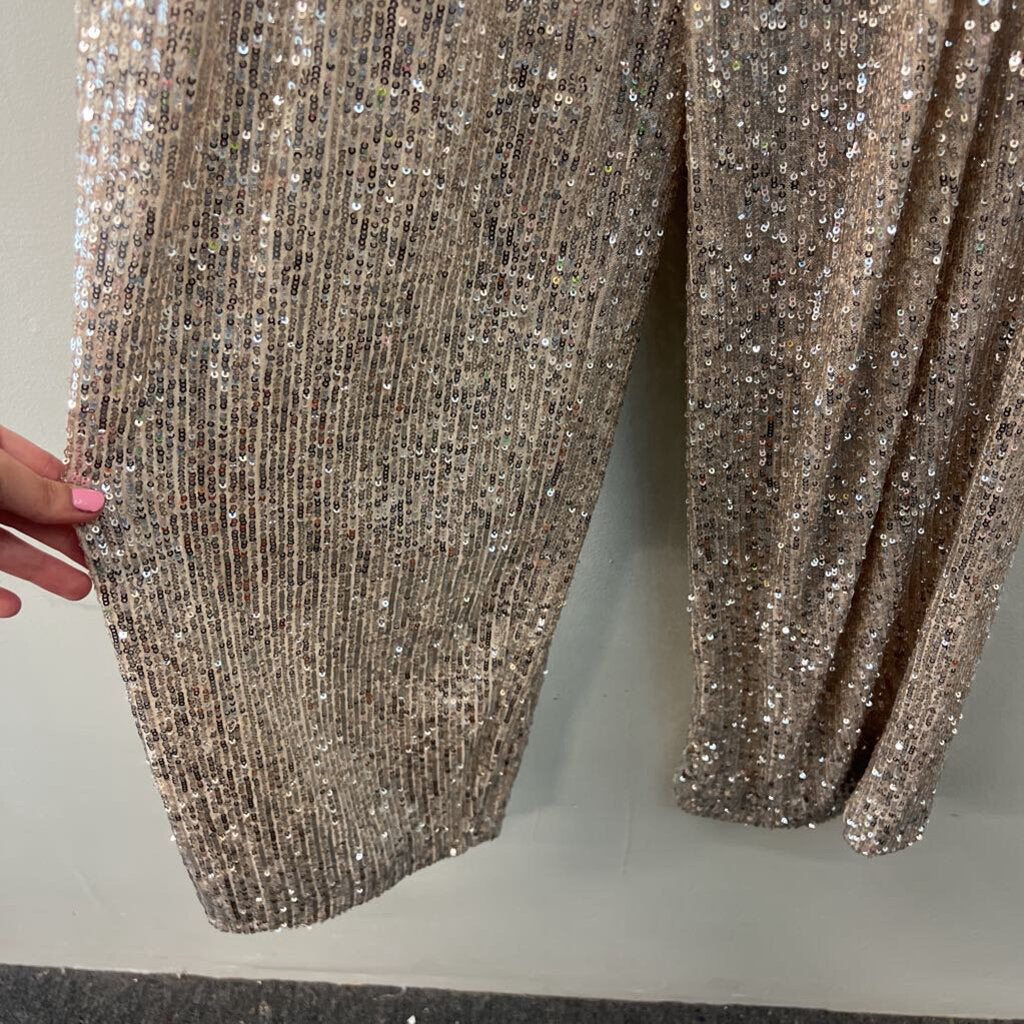 Altar'd State Beige/ Silver Sequin Strapless Jumpsuit Small