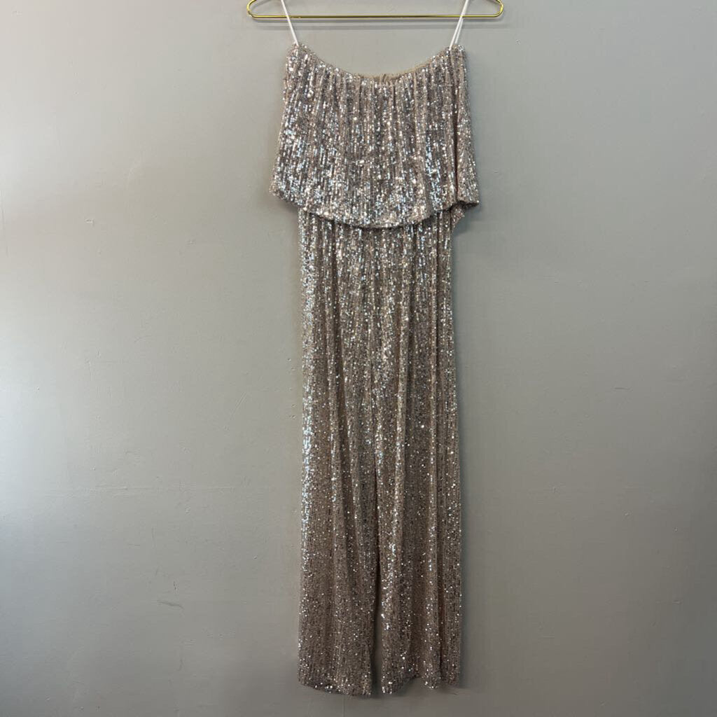 Altar'd State Beige/ Silver Sequin Strapless Jumpsuit Small