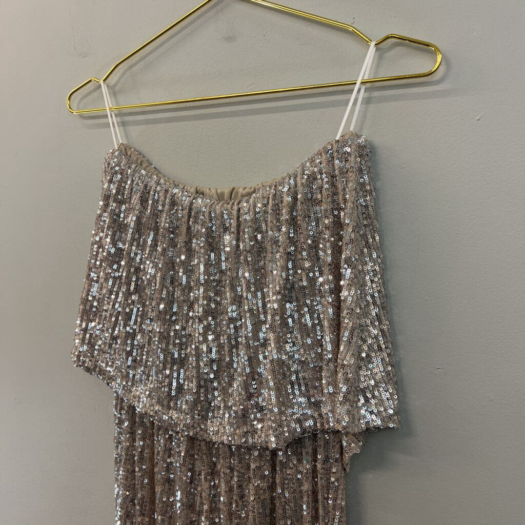 Altar'd State Beige/ Silver Sequin Strapless Jumpsuit Small