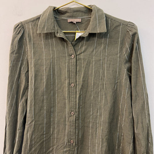 Lilla P Green/ Silver Striped Frayed Hem Long Sleeve Button Down Top Small