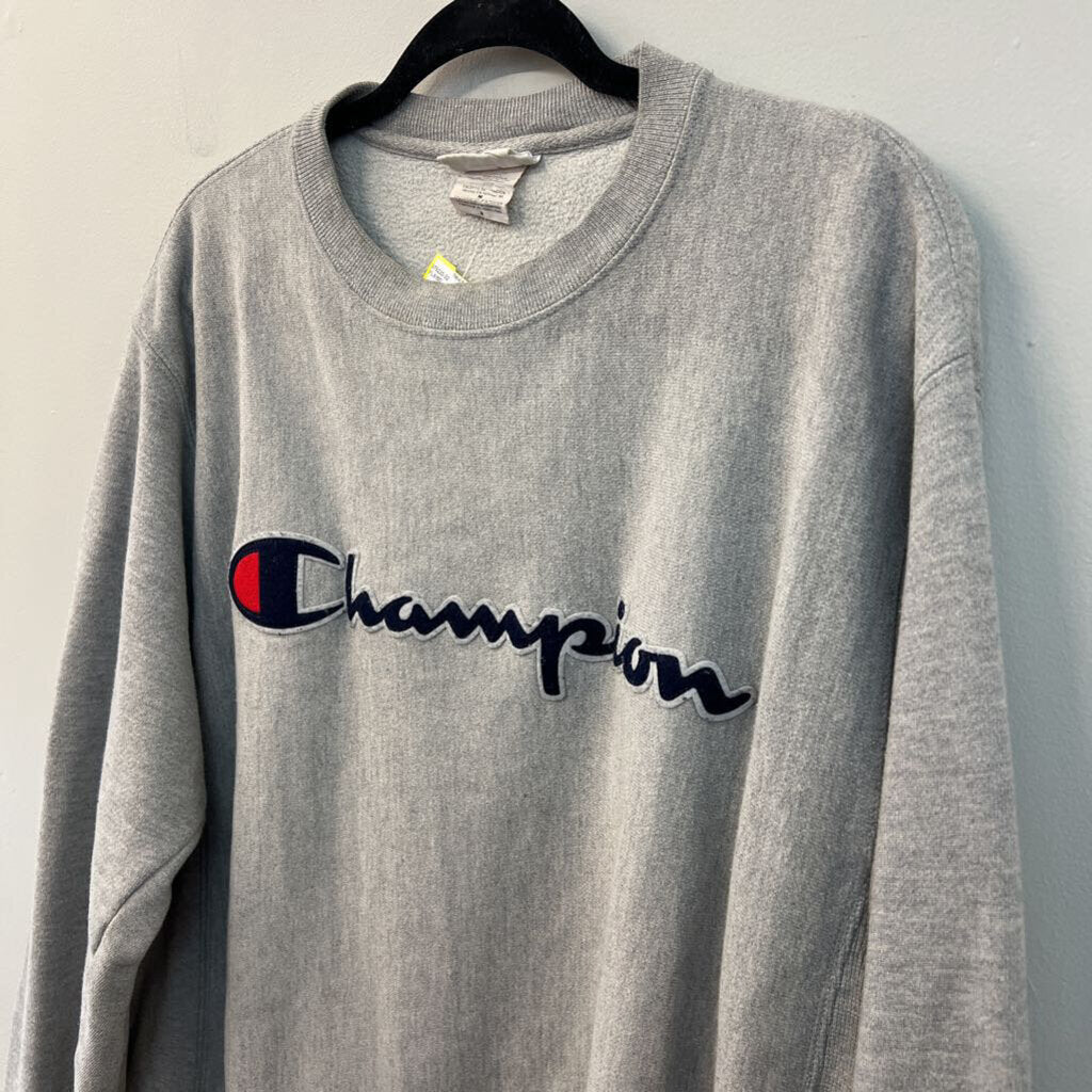Champion Grey Logo Long Sleeve Crewneck Pullover Medium