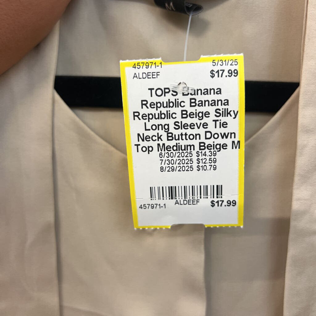 Banana Republic Beige Silky Long Sleeve Tie Neck Button Down Top Medium