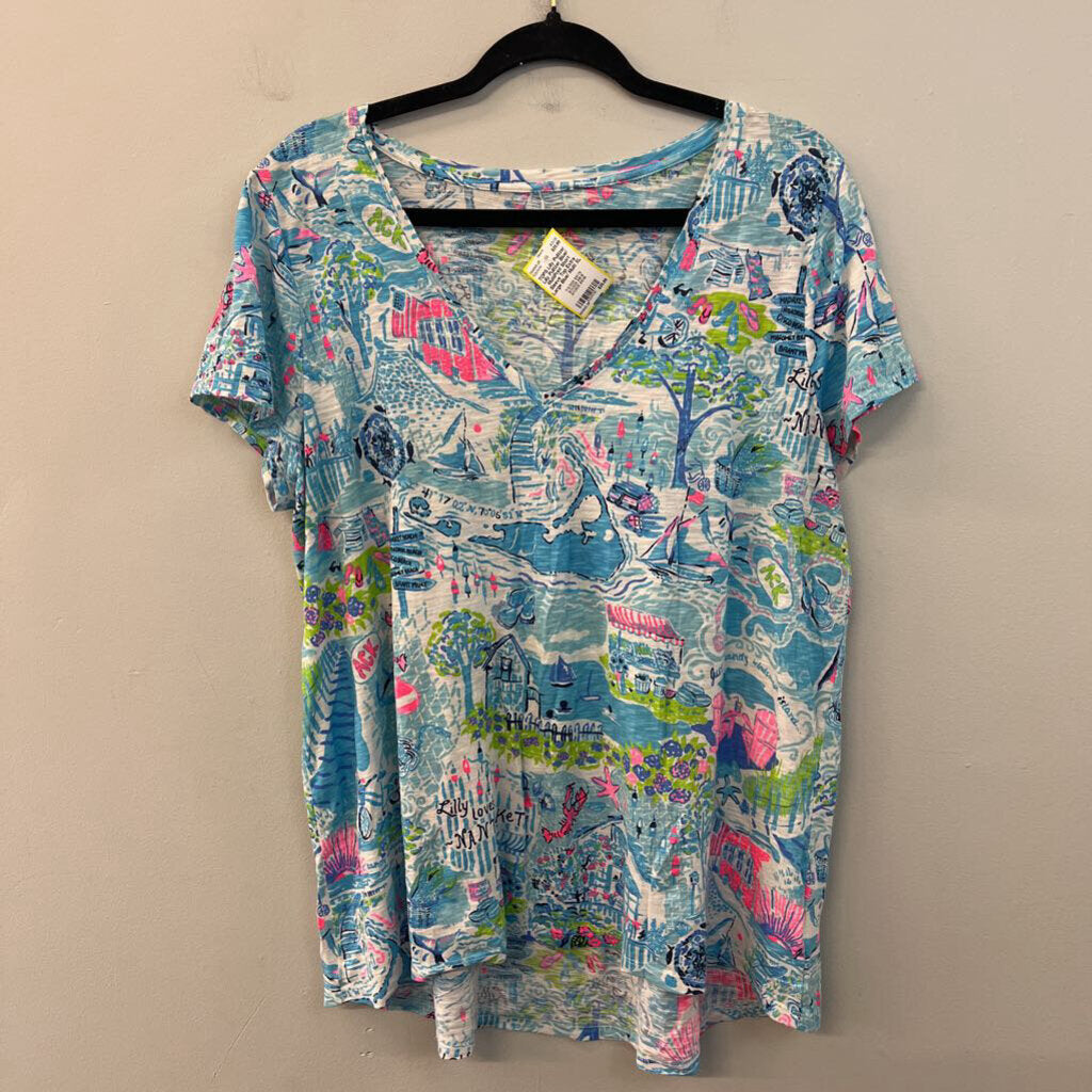 Lilly Pulitzer Blue/ Multi Print Short Sleeve Top Extra Large