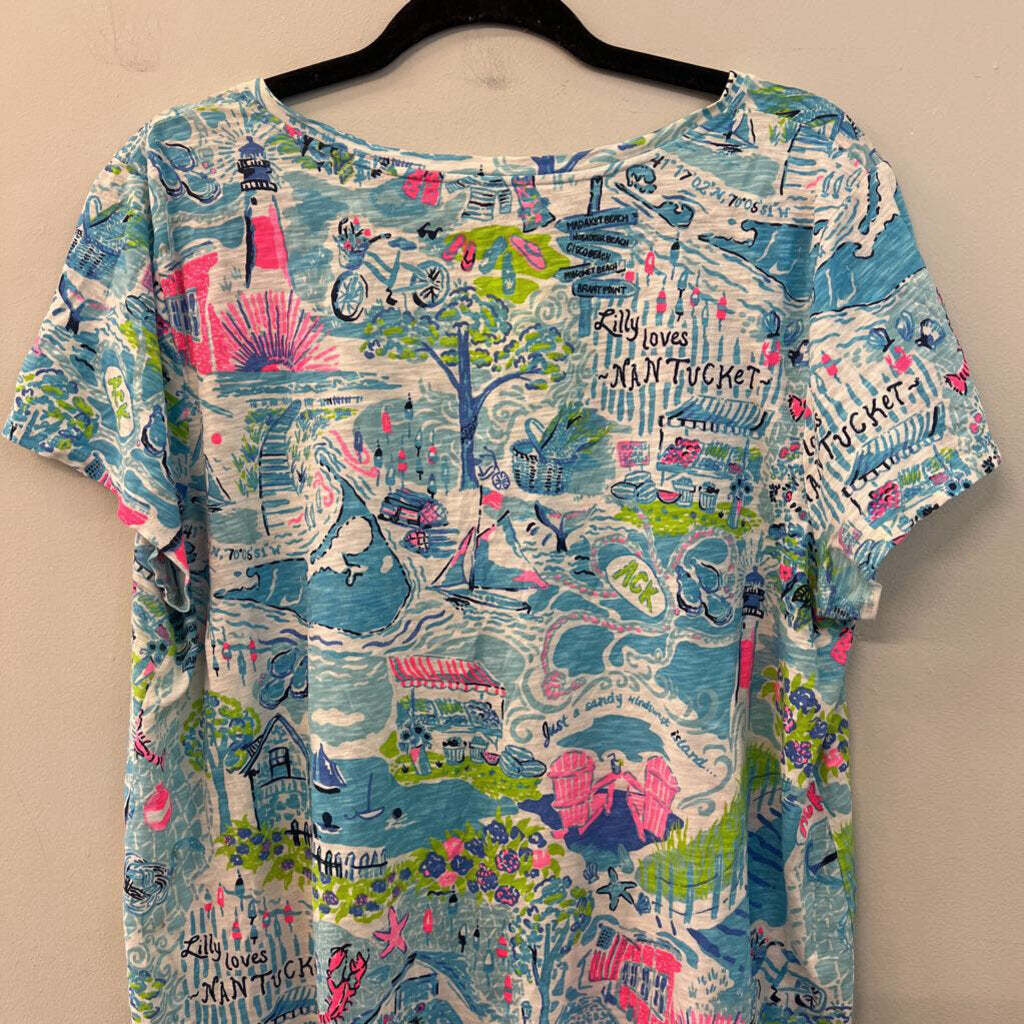 Lilly Pulitzer Blue/ MultiPrint Short Sleeve Top Extra Large
