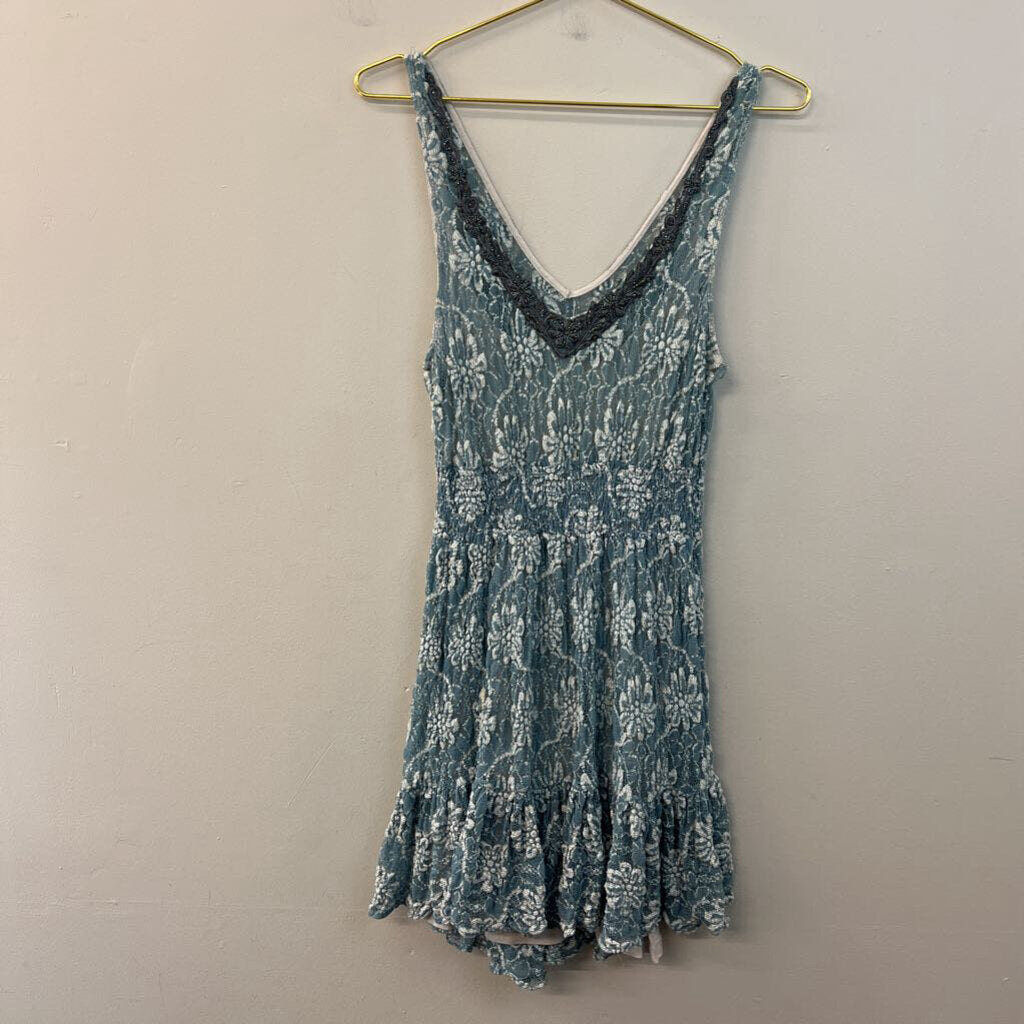 Blue Laced Beaded Neckline Dress Small