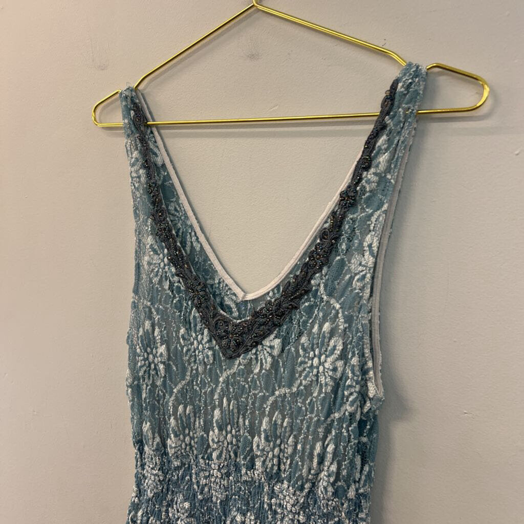Blue Laced Beaded Neckline Dress Small