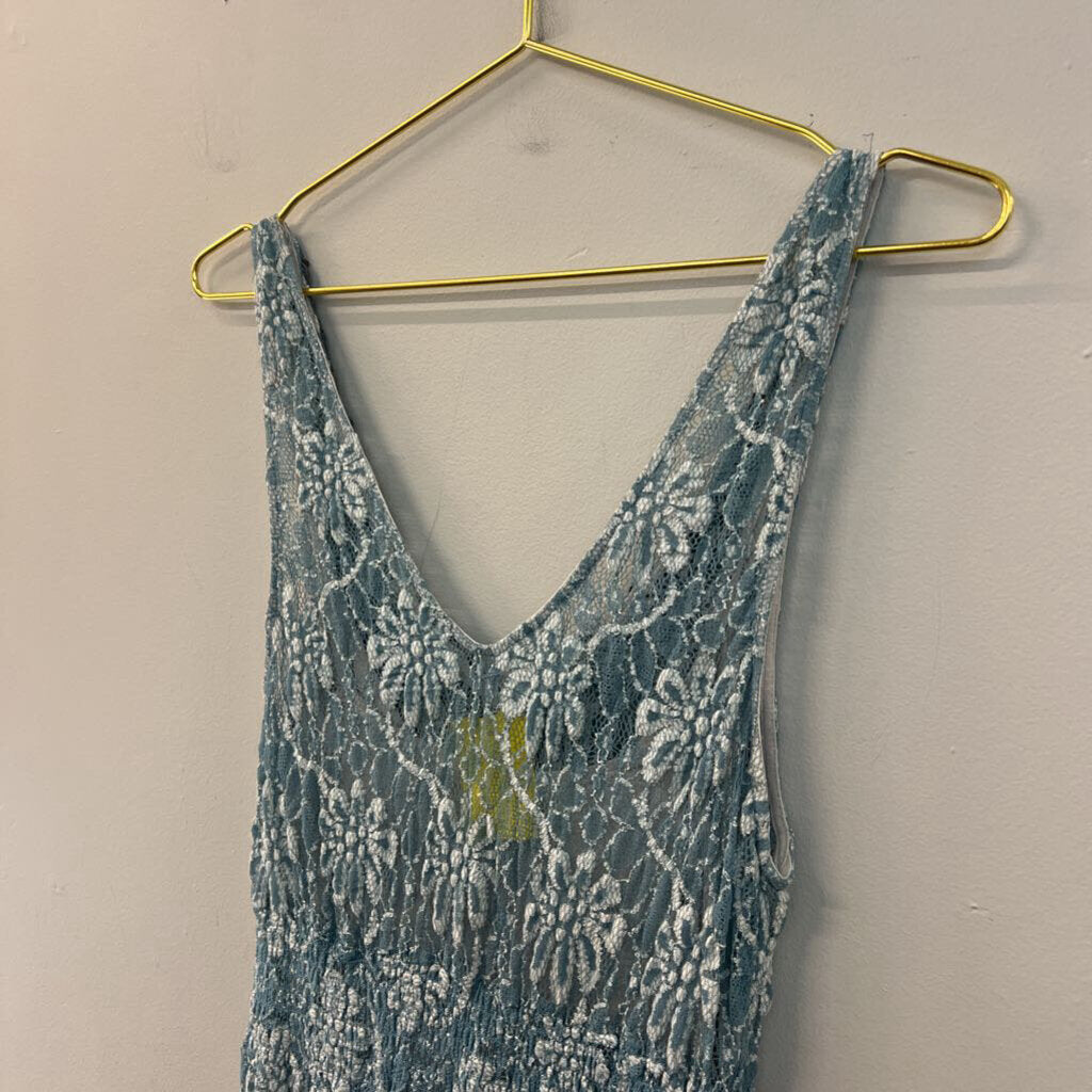 Blue Laced Beaded Neckline Dress Small