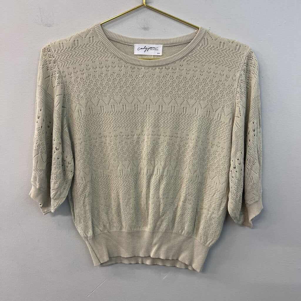 Carly Jean Beige Knit Short Puff Sleeve Top S/M