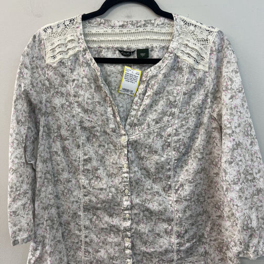 Eddie Bauer Grey Print Long Sleeve Button Front Top Large