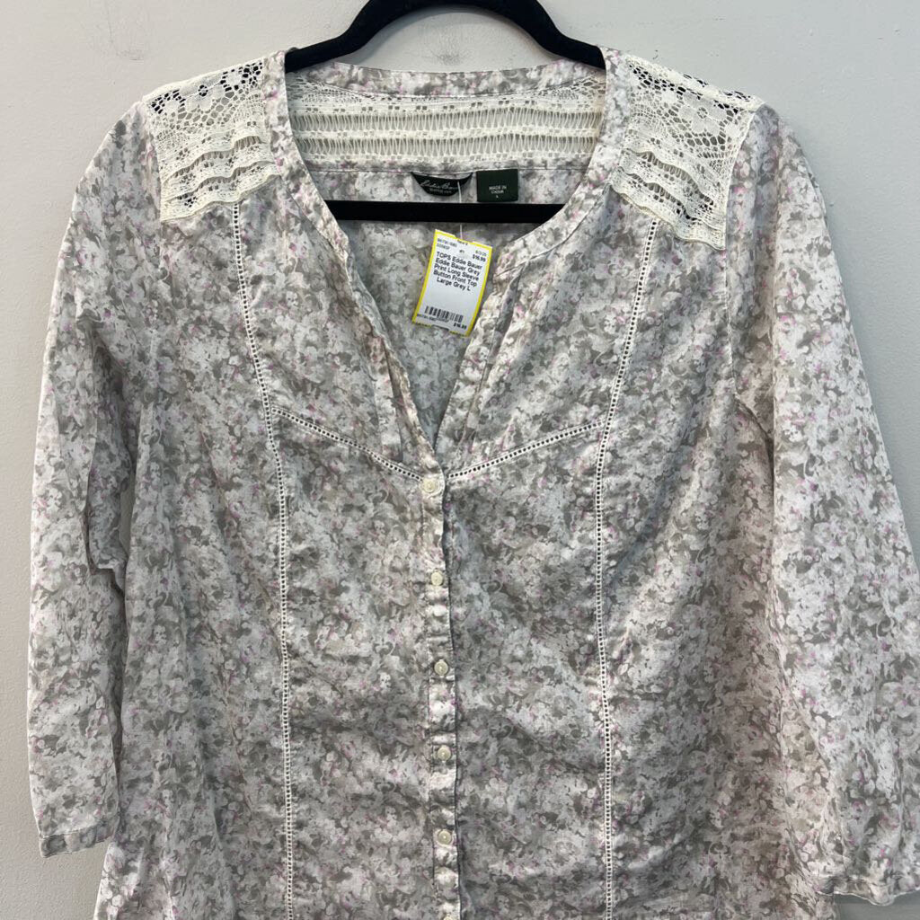 Eddie Bauer Grey Print Long Sleeve Button Front Top Large