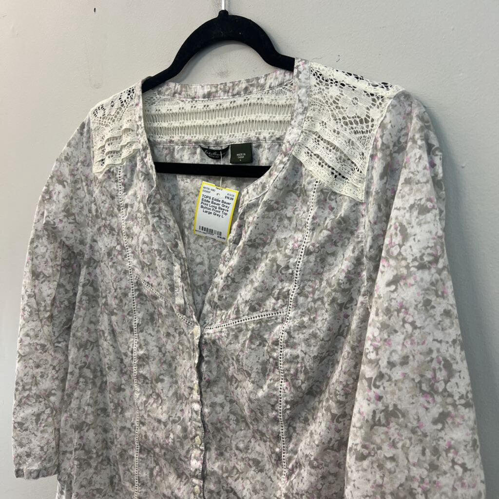 Eddie Bauer Grey Print Long Sleeve Button Front Top Large