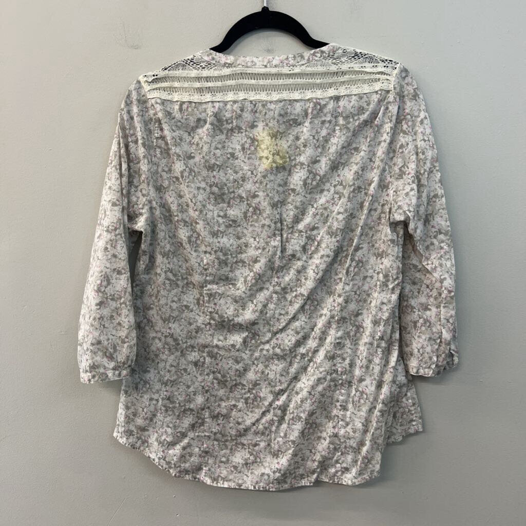 Eddie Bauer Grey Print Long Sleeve Button Front Top Large