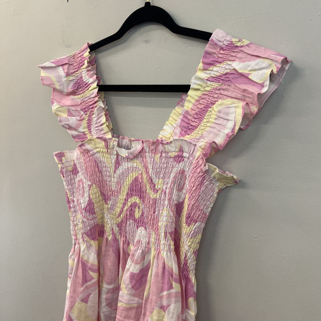 Hill House Pink/ Yellow Print Smocked Top Maxi Dress Small