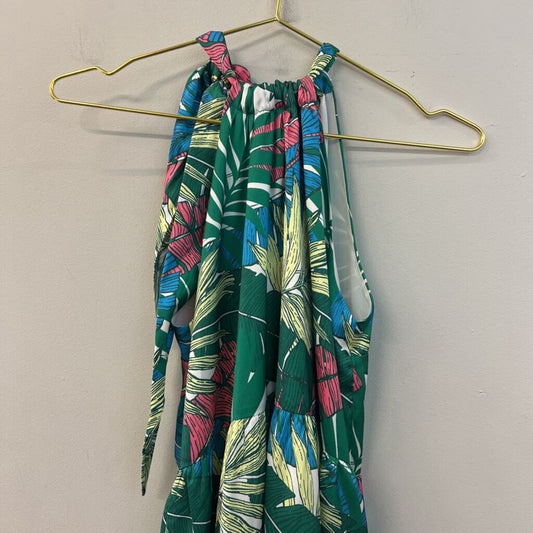 Jade Green/ Multi Tropical Leaf Print Halter Dress Small
