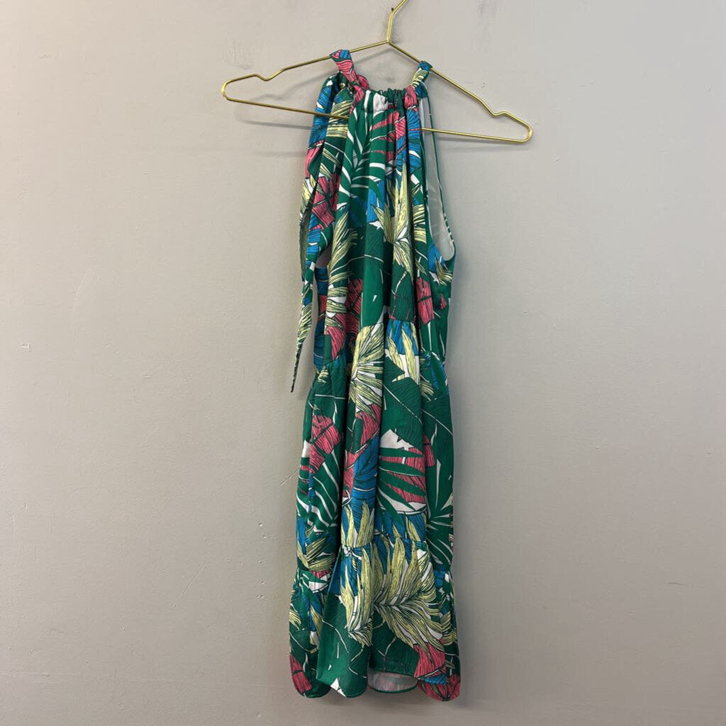 Jade Green/ Multi Tropical Leaf Print Halter Dress Small