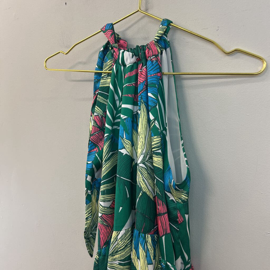 Jade Green/ Multi Tropical Leaf Print Halter Dress Small