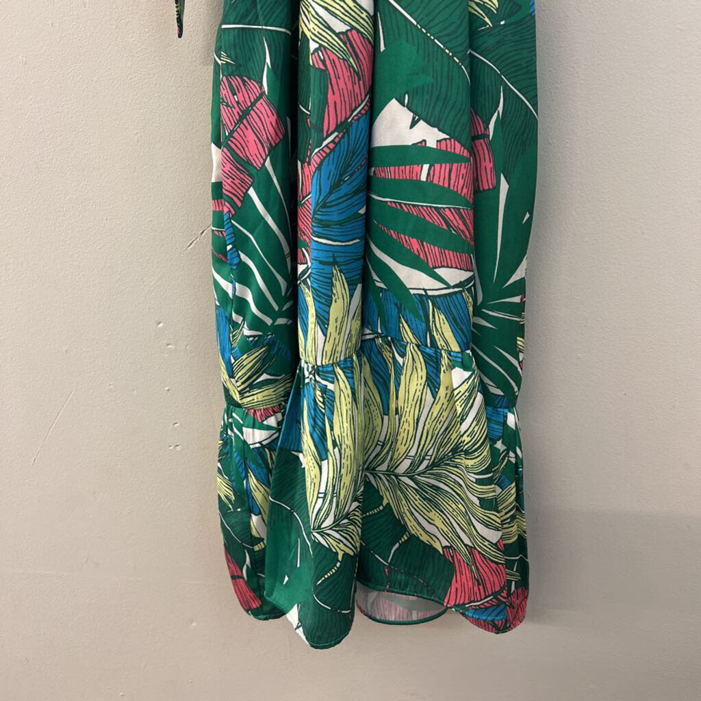Jade Green/ Multi Tropical Leaf Print Halter Dress Small