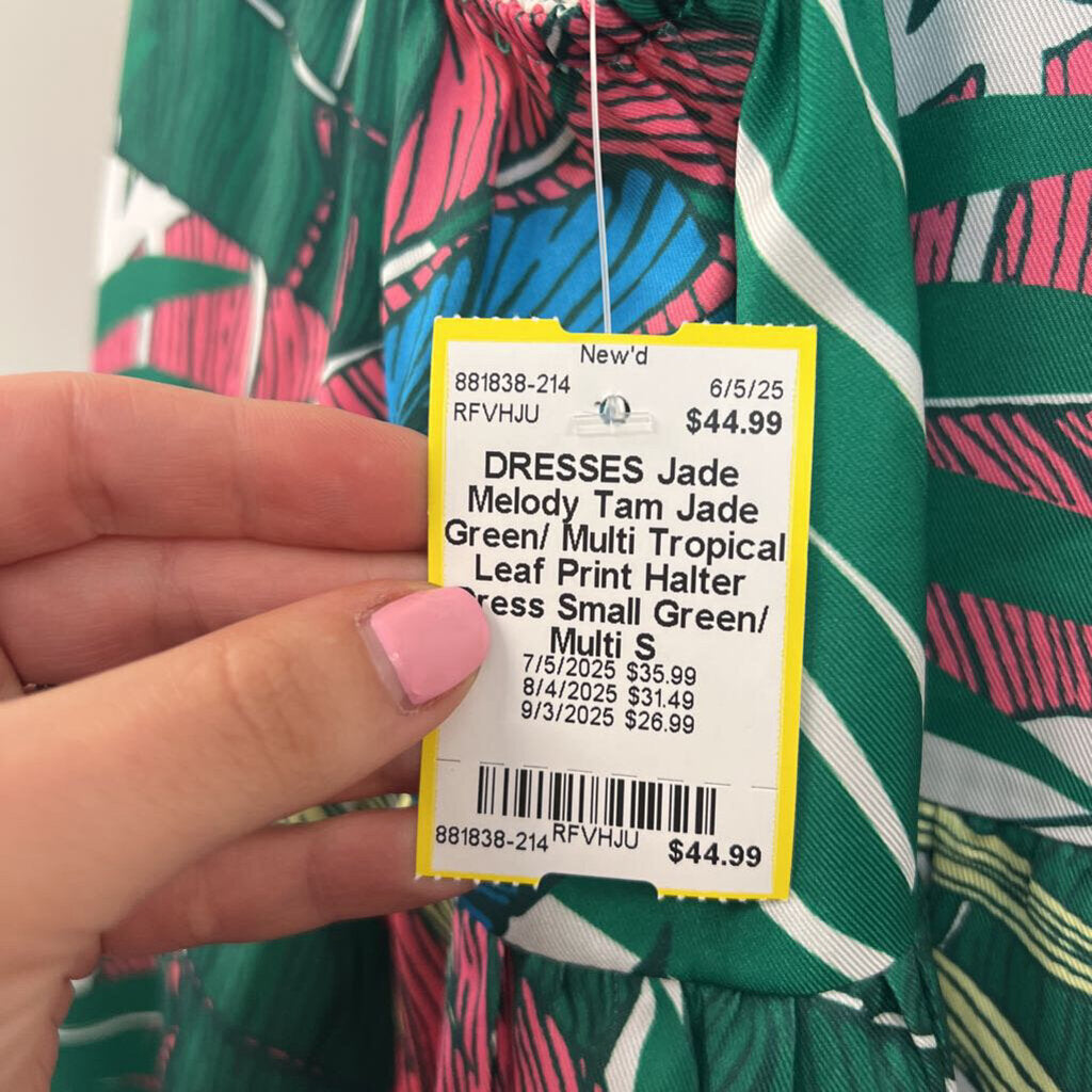 Jade Green/ Multi Tropical Leaf Print Halter Dress Small