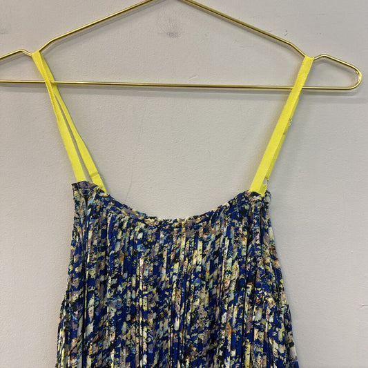 Dance in Paris Blue/ Yellow Print Pleated Tank Top Large