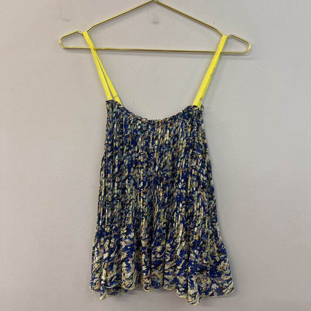 Dance in Paris Blue/ Yellow Print Pleated Tank Top Large