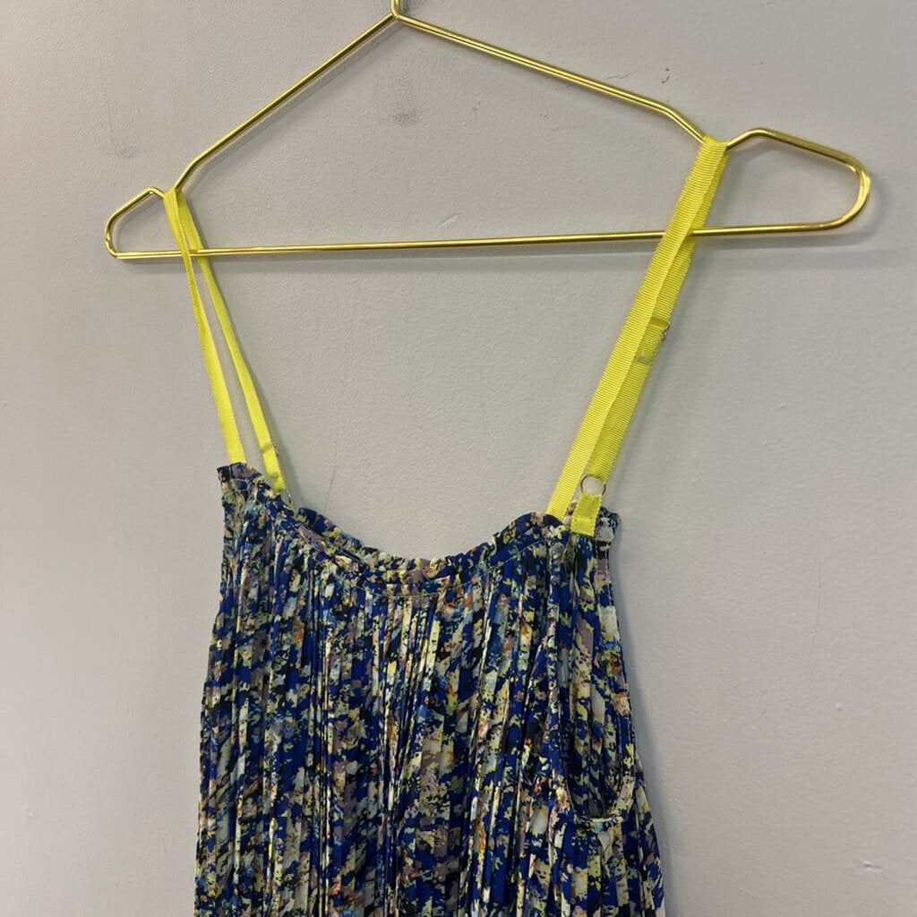 Dance in Paris Blue/ Yellow Print Pleated Tank Top Large