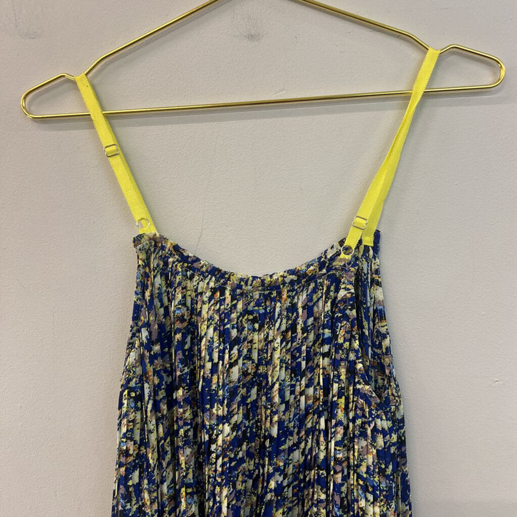 Dance in Paris Blue/ Yellow Print Pleated Tank Top Large