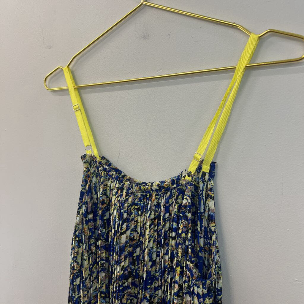 Dance in Paris Blue/ Yellow Print Pleated Tank Top Large
