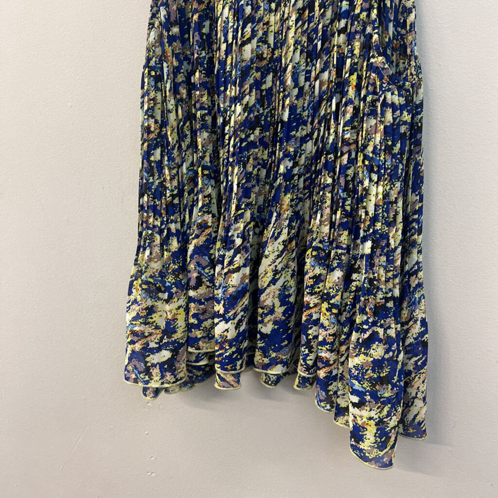 Dance in Paris Blue/ Yellow Print Pleated Tank Top Large