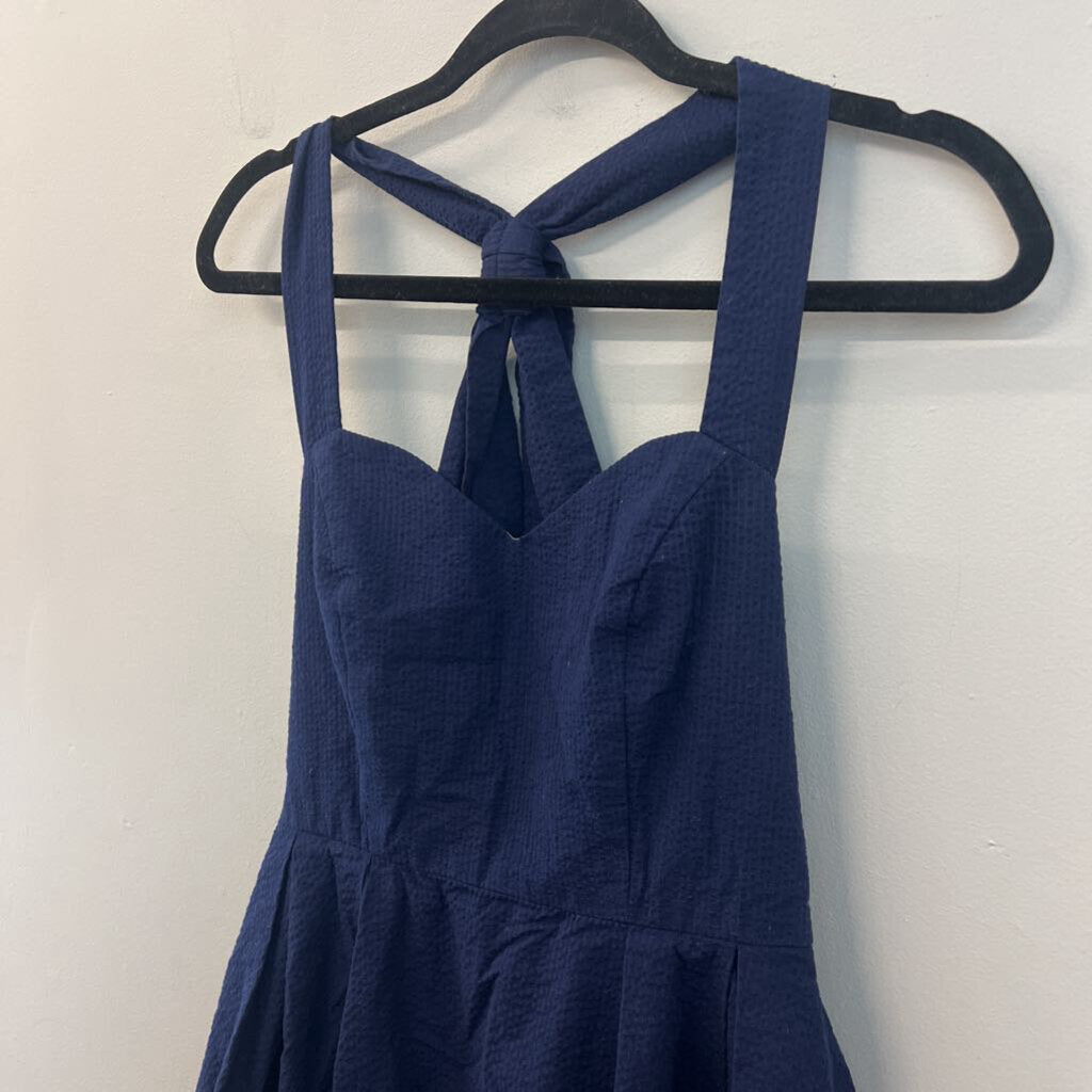 Lauren James Navy Seersucker Halter Dress Small