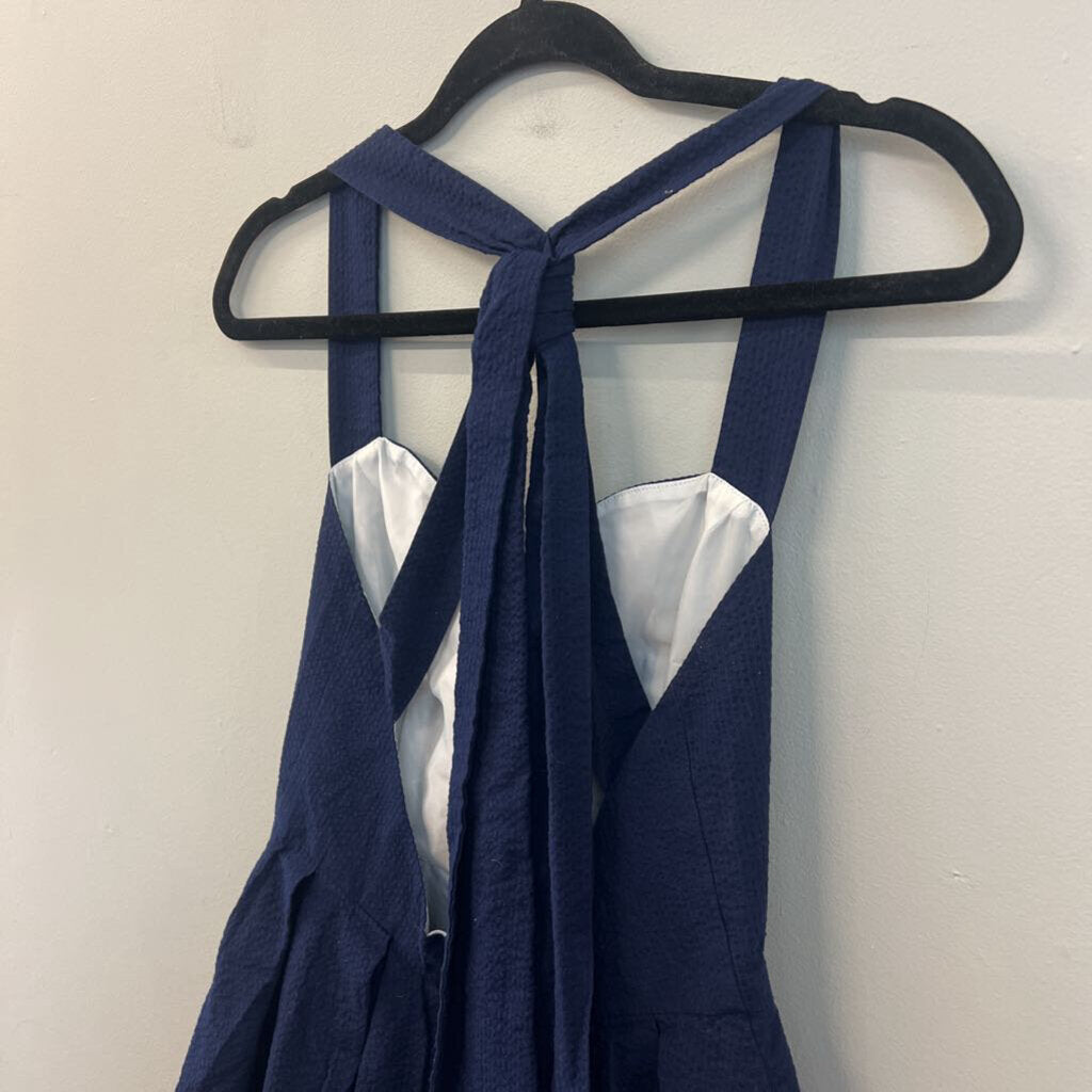 Lauren James Navy Seersucker Halter Dress Small
