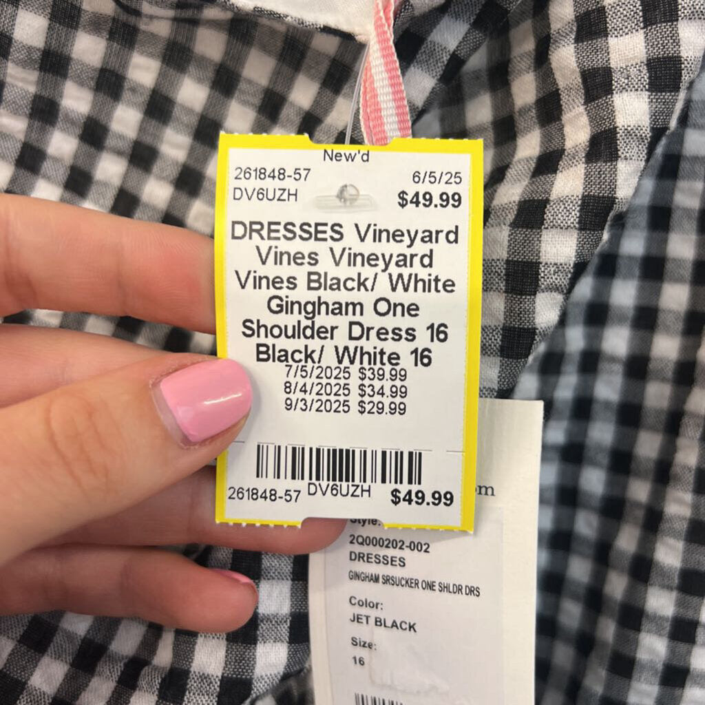 Vineyard Vines Black/ White Gingham One Shoulder Dress 16