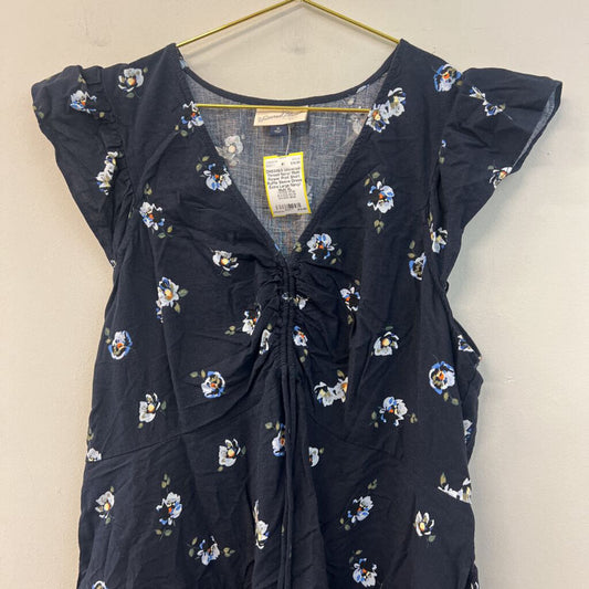 Navy/ Multi Flower Print Short Ruffle Sleeve Dress Extra Large