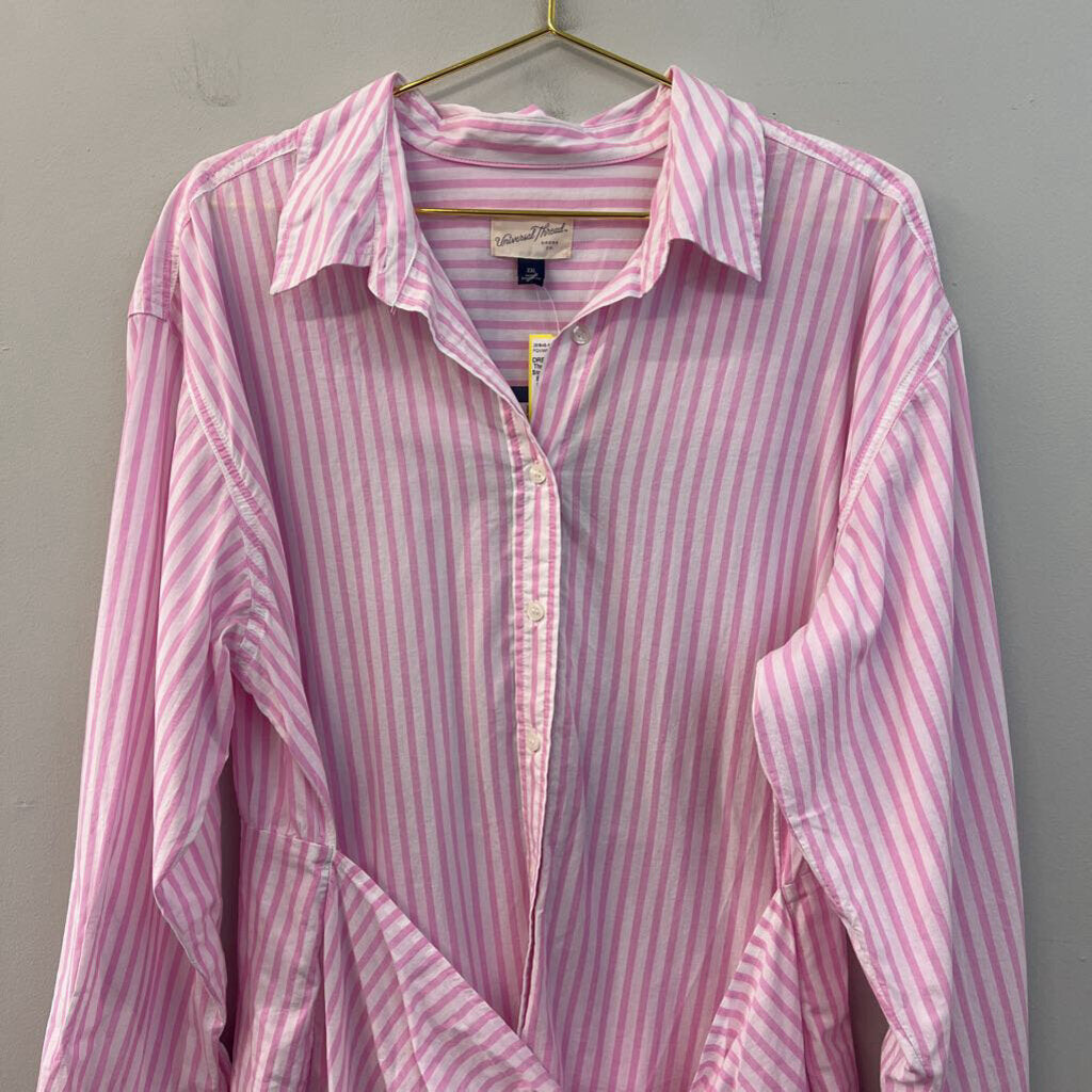 Pink/ White Striped Long Sleeve Button Down Tie Front Dress XXL
