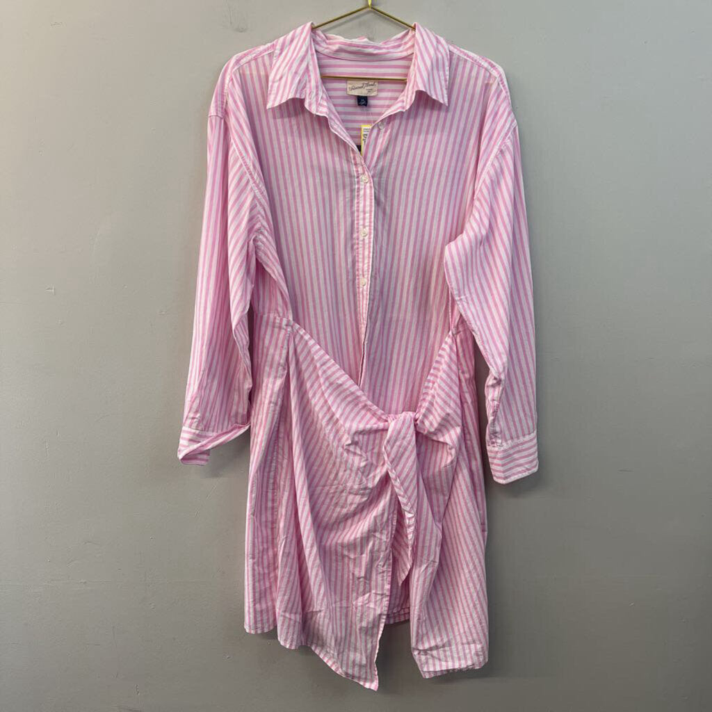 Pink/ White Striped Long Sleeve Button Down Tie Front Dress XXL