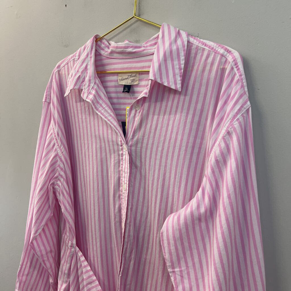 Pink/ White Striped Long Sleeve Button Down Tie Front Dress XXL
