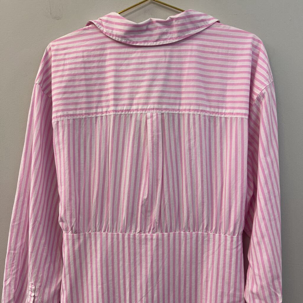 Pink/ White Striped Long Sleeve Button Down Tie Front Dress XXL