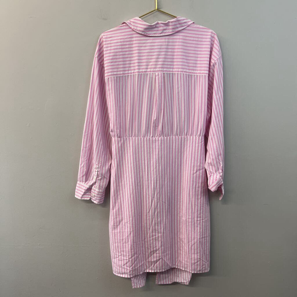 Pink/ White Striped Long Sleeve Button Down Tie Front Dress XXL