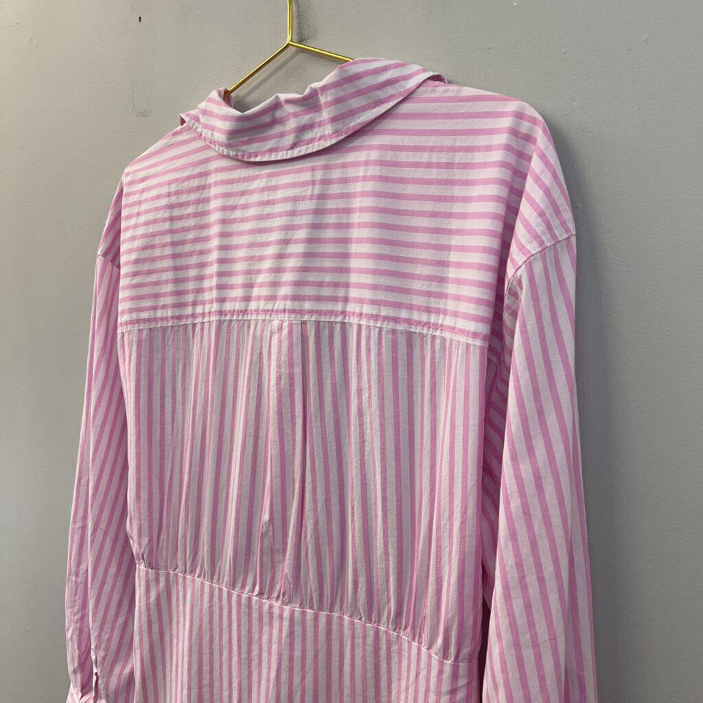 Pink/ White Striped Long Sleeve Button Down Tie Front Dress XXL