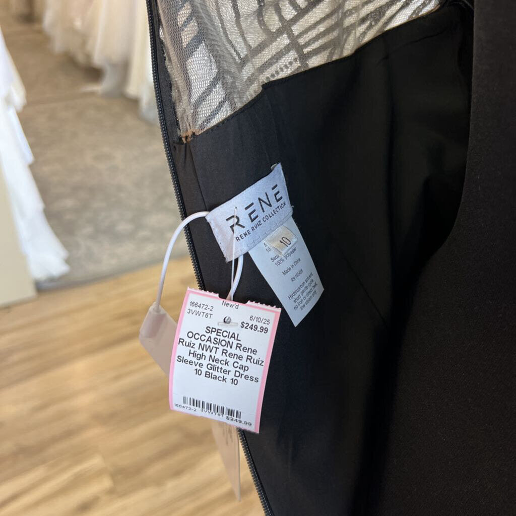 NWT Rene Ruiz High Neck Cap Sleeve Glitter Dress 10