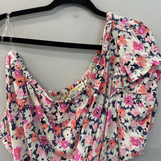 Pink/ Multi Print Short Puff Sleeve One Shoulder Crop Top Large