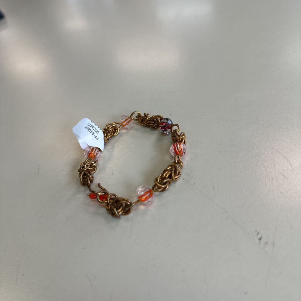 Gold/Clear/Orange Chain/Bead Bracelet