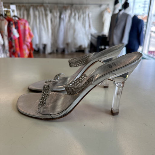 Stuart Weitzman Silver Double Rhinestone Strap Heels 8